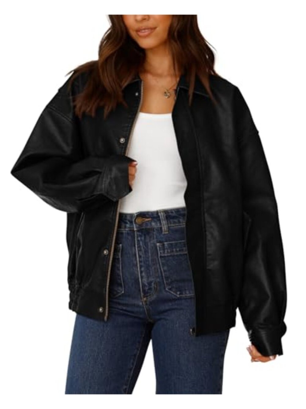 Women's Faux Leather Motorcycle Jacket Zip Up Moto Biker with Pockets